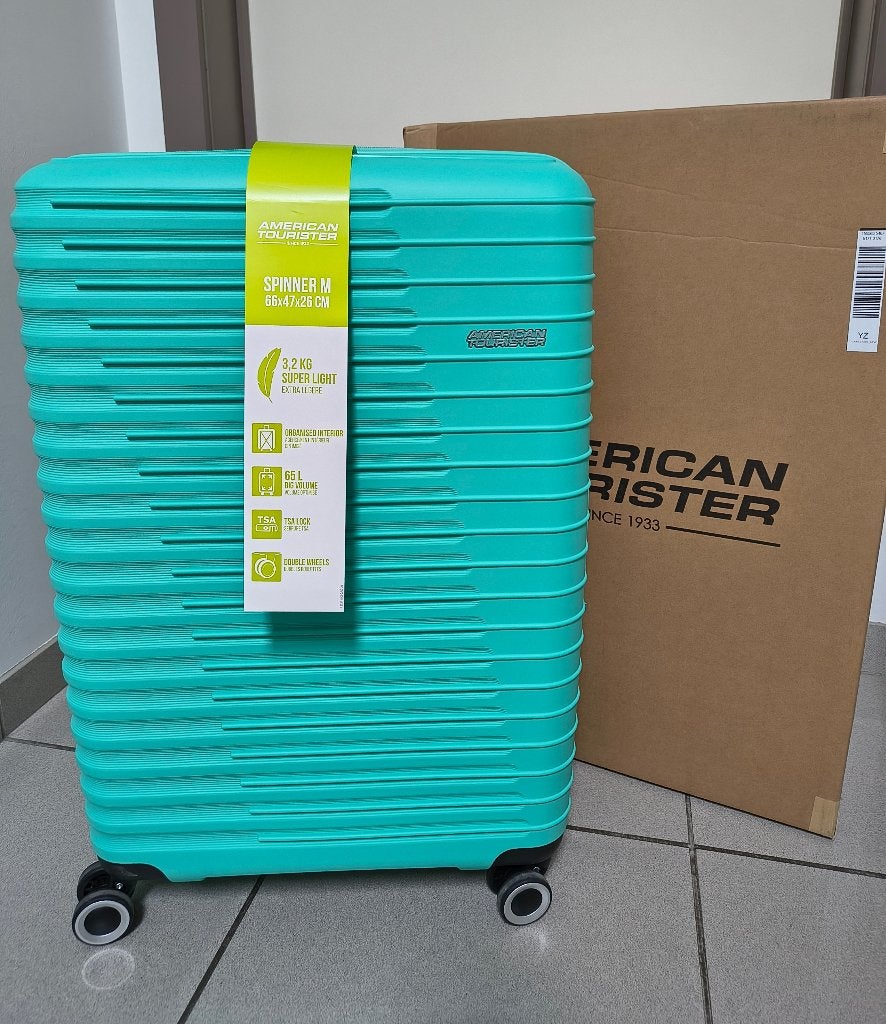 Valise American Tourister - Turquoise - 65 l *NOUVEAU*, Bijoux, Sacs & Beauté, Valises, Neuf, Enlèvement ou Envoi, Plastique dur