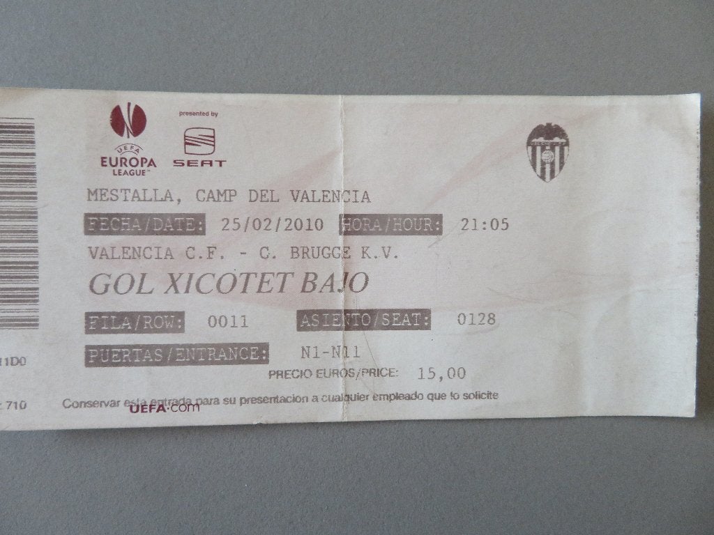 2010 UEFA Cup ticket Valencia - Club Brugge away, Ophalen of Verzenden, Zo goed als nieuw, Overige typen