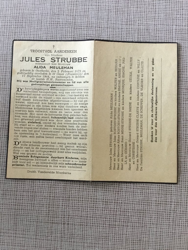 Oorlogsslachtoffer Stubbe Oostkerke gekwetst België +1944, Verzamelen, Ophalen of Verzenden, Bidprentje