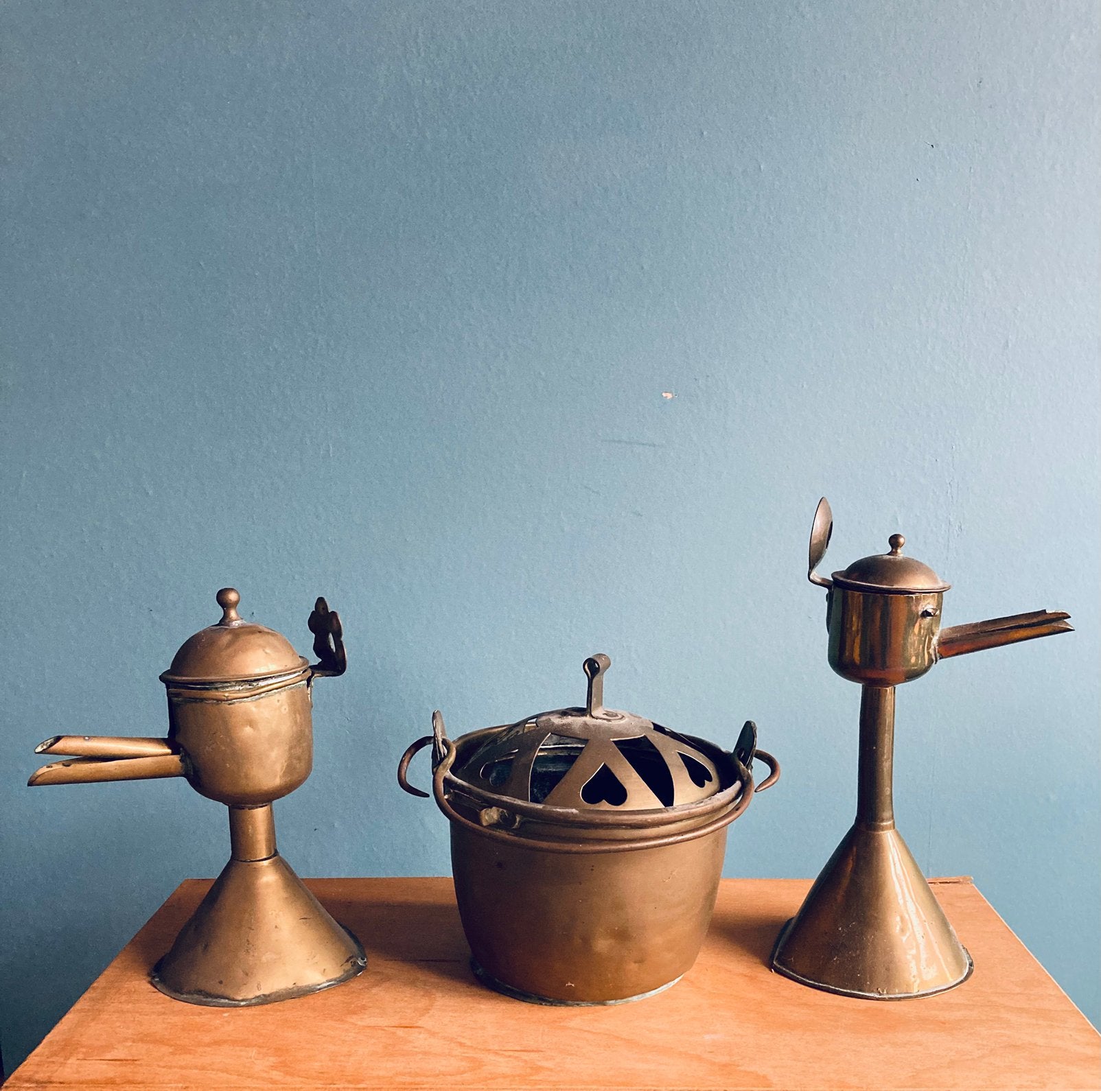 3-delige Set Antiek Koper – Snotneus Olielampen, Antiek en Kunst, Ophalen, Koper