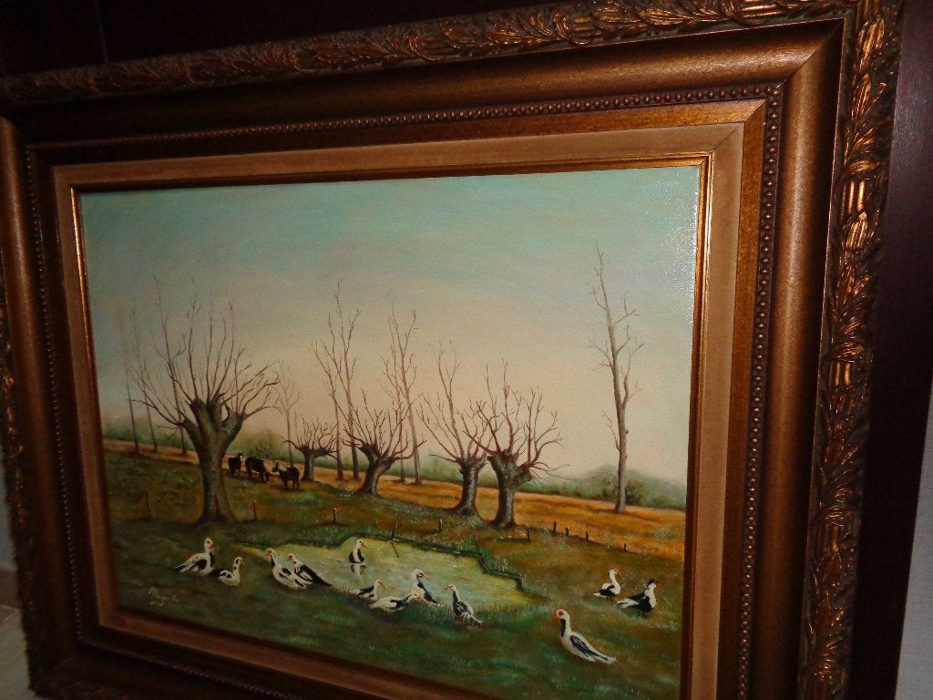 *Prachtige grote schilderij "Eenden en Paarden op de wei", Antiek en Kunst, Ophalen of Verzenden, Bijzondere lijst, Doek