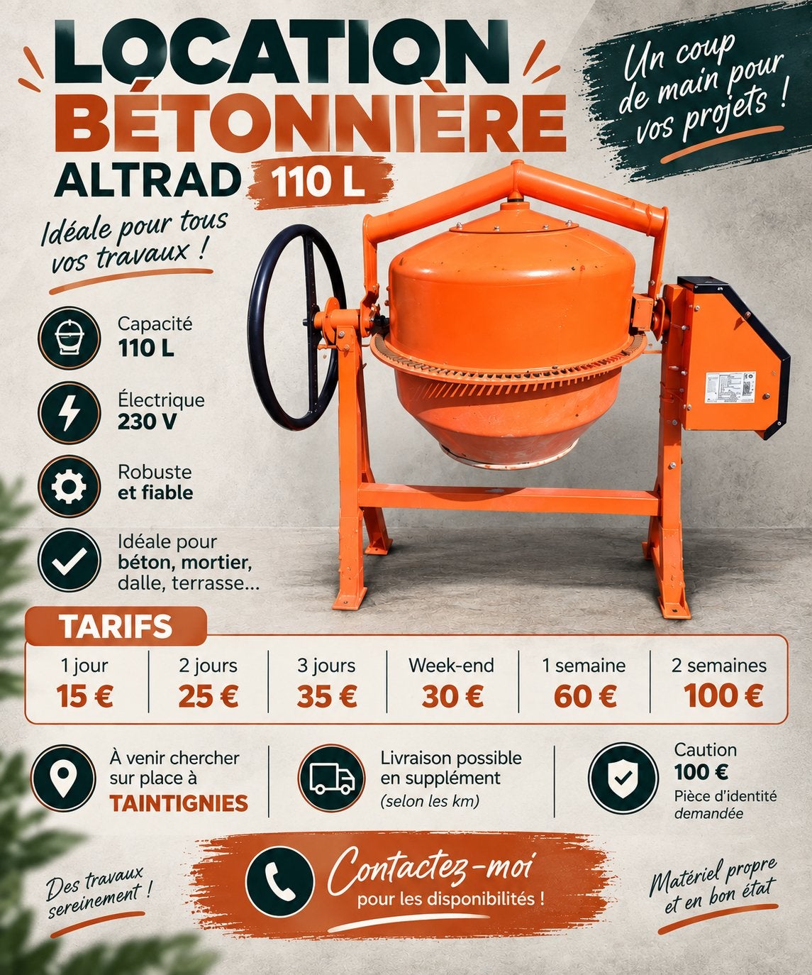 BÉTONNIÈRE ÉLECTRIQUE 110 L, Bricolage & Construction, Enlèvement, Utilisé