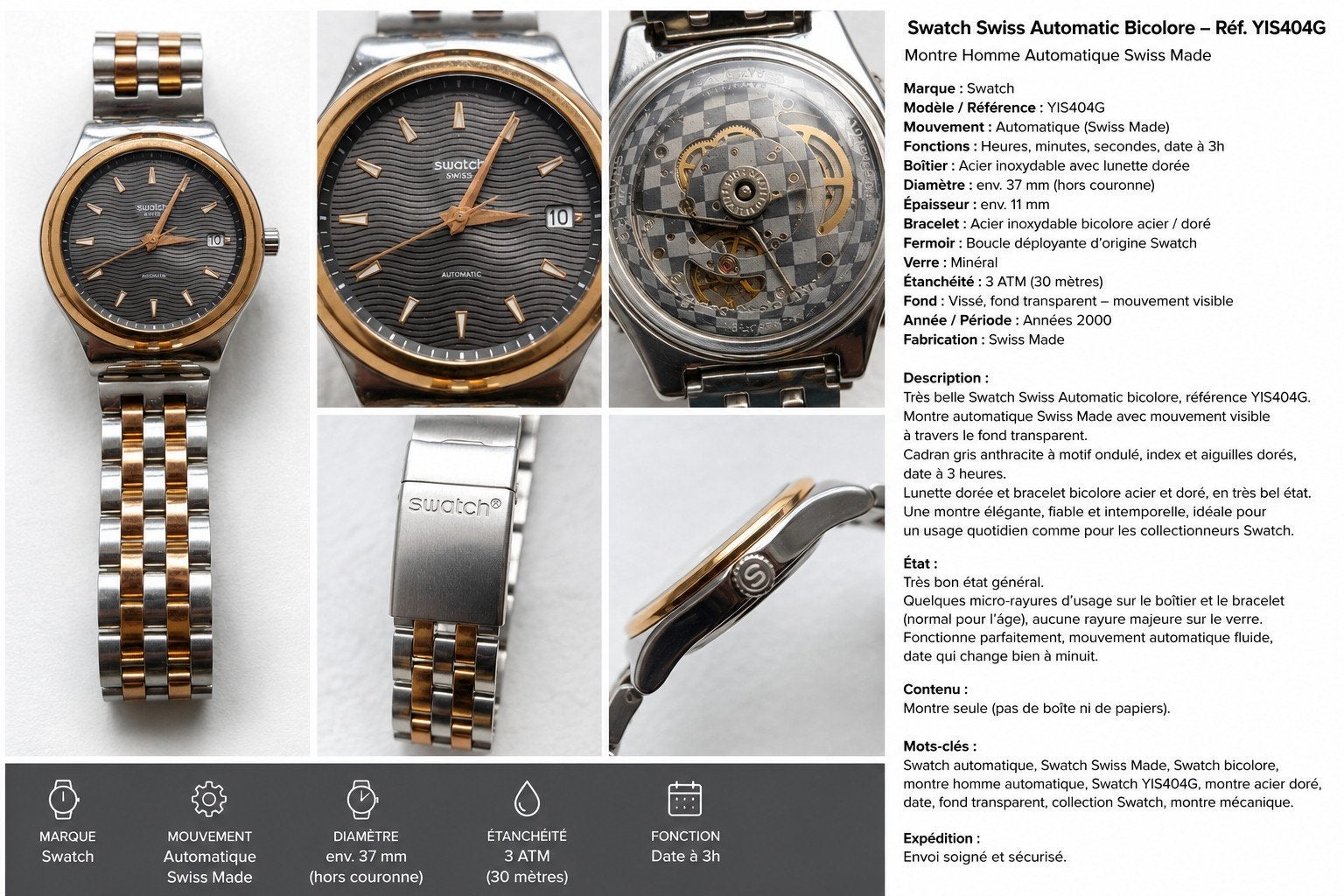 Montre Swatch Swiss Automatic de la gamme Irony, au design é, Enlèvement ou Envoi, Acier, Acier, Swatch