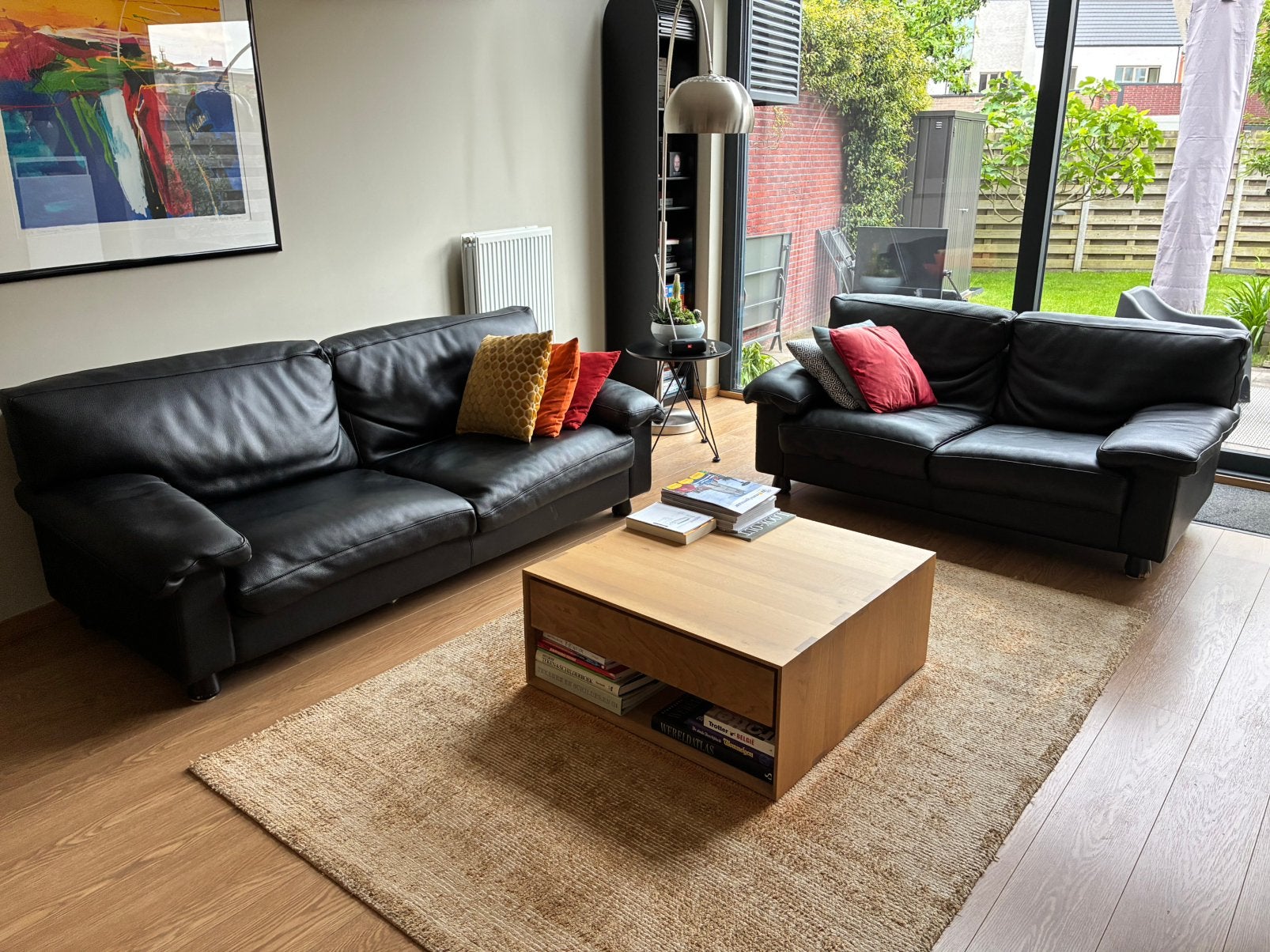 Zwart volnerf lederen salon, Huis en Inrichting, Ophalen, Gebruikt, Leer, Italiaans modern
