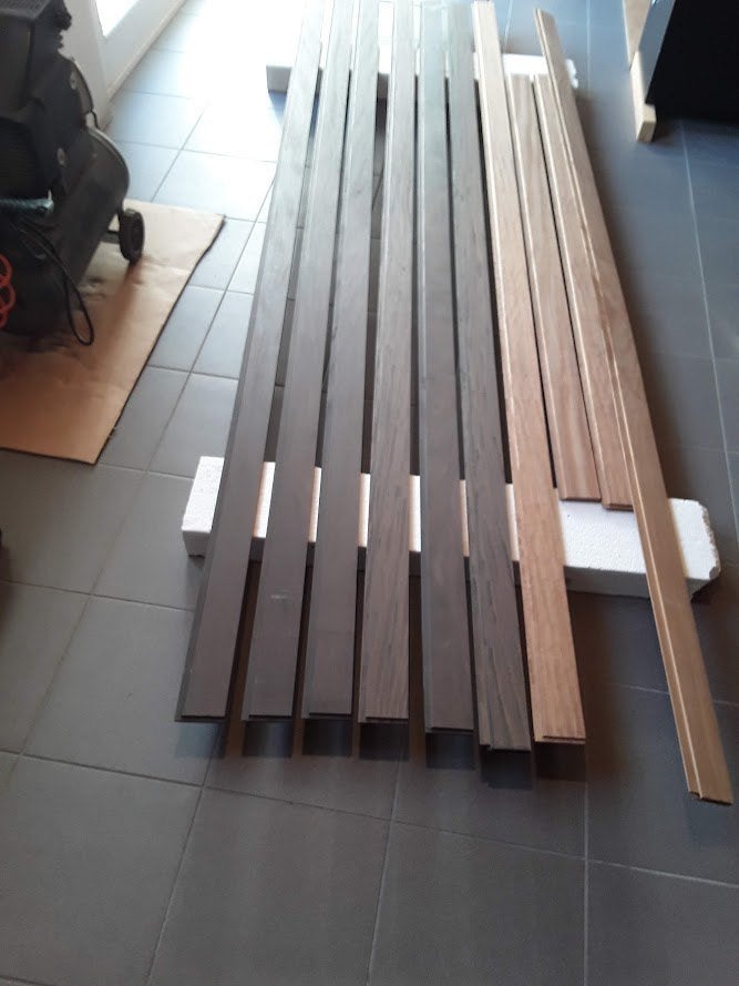 Afromosia lot van overschoten van planchet 10 stuks nieuw, Ophalen, Minder dan 25 mm, Nieuw, 250 tot 300 cm
