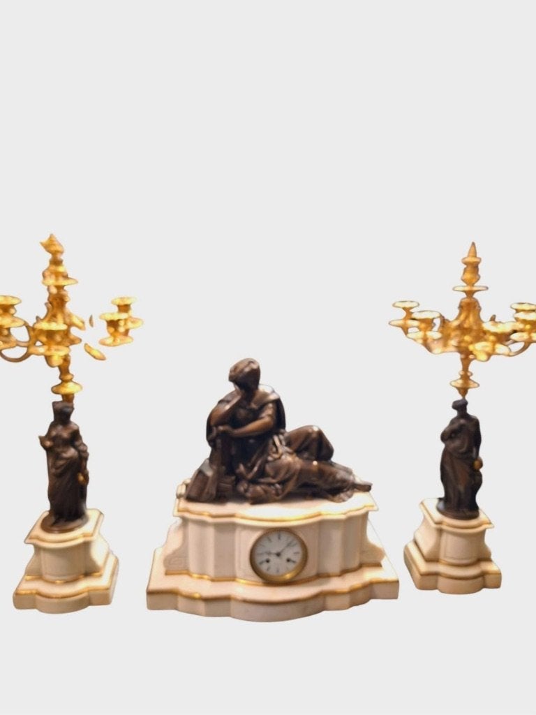Antiek bronzen klok met kandelaars Raingo Paris, Ophalen