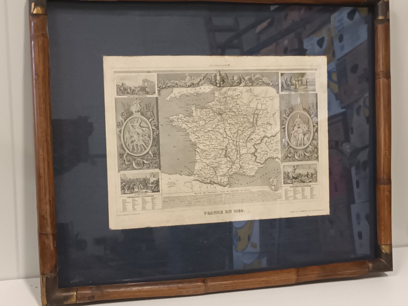 Antieke Kaart Frankrijk (1850) in Luxe Bamboe Lijst, Ophalen, Gravure