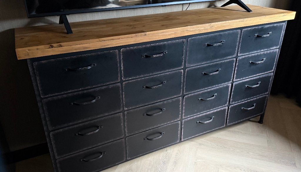 Industrieel Rootsmann Dressoir – Ladekast met 16 lades, Huis en Inrichting, Ophalen, Grenenhout, Gebruikt, 5 laden of meer