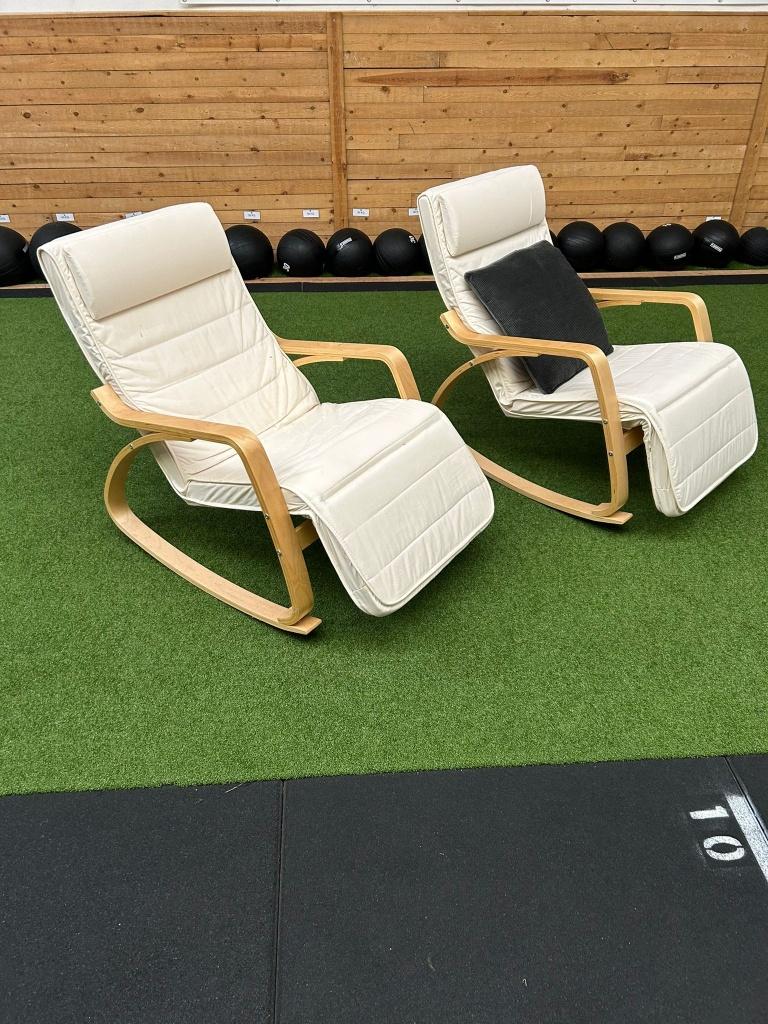 Lounge schommelstoel, beige met houten frame, Maison & Meubles, Fauteuils, Comme neuf, Bois, 50 à 75 cm, 75 à 100 cm, Enlèvement
