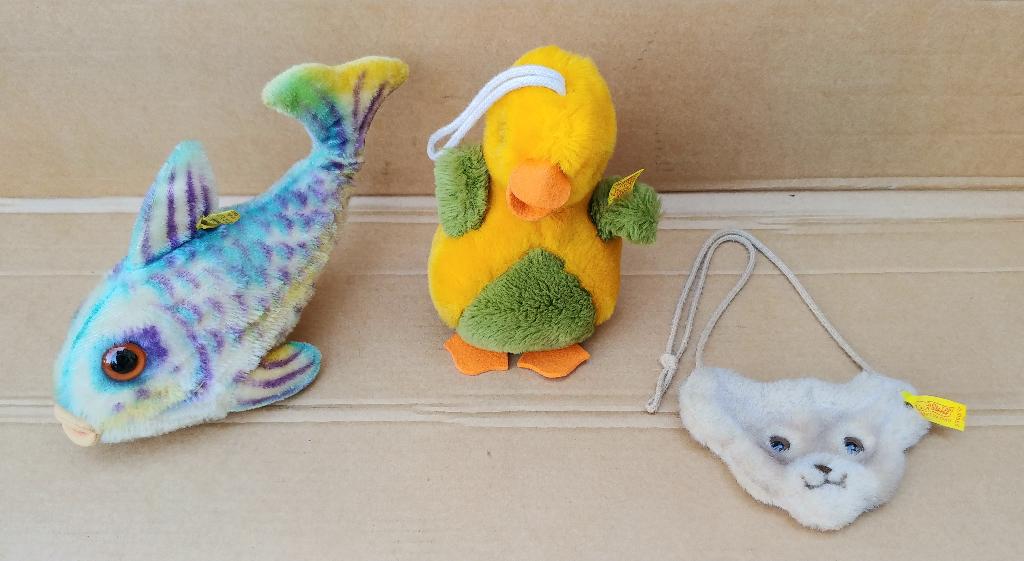 Steiff triovintage fish, teddybear purse, Lullaby waggy duck, Ophalen of Verzenden, Gebruikt, Stoffen beer, Steiff