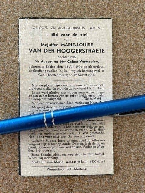 Bombardement 40-45 GAND 19/3/1945 Van der Hoogerstraete M-L, Collections, Enlèvement ou Envoi, Image pieuse