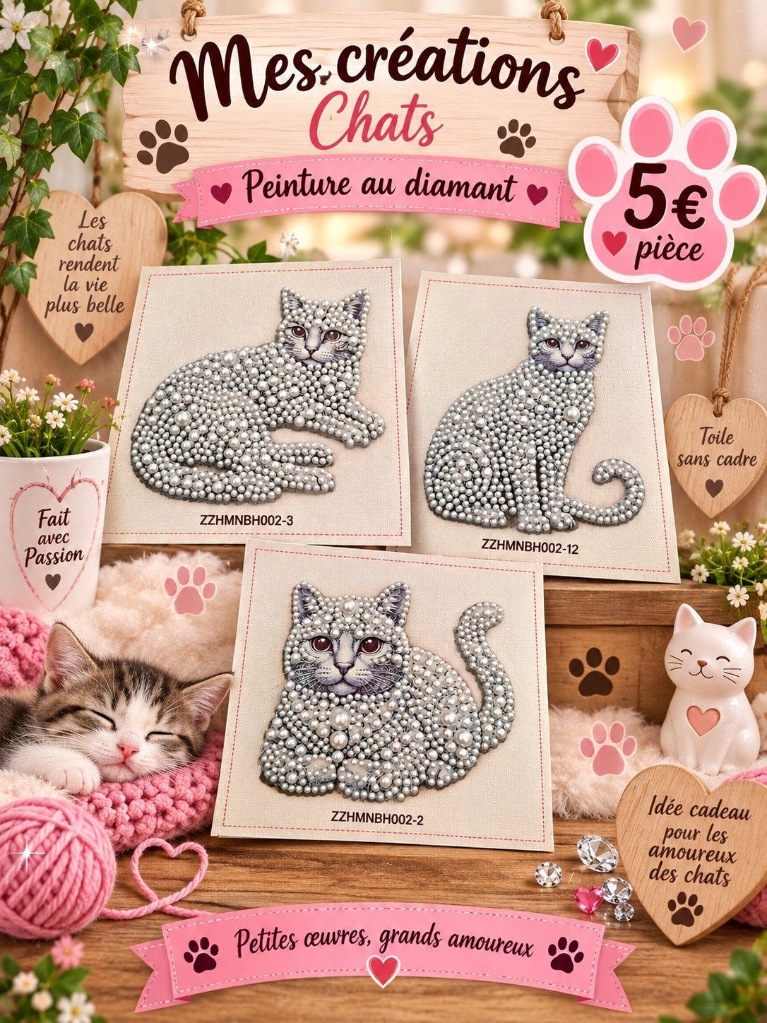 Set van 3 kattendoeken met diamantverf zonder lijst, Ophalen of Verzenden, Zo goed als nieuw, Overige typen
