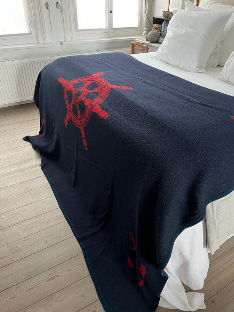 VINTAGE DEKEN WOL 2 STUKS BLAUW ROOD BED, Gebruikt, Blauw, Tweepersoons, Ophalen of Verzenden