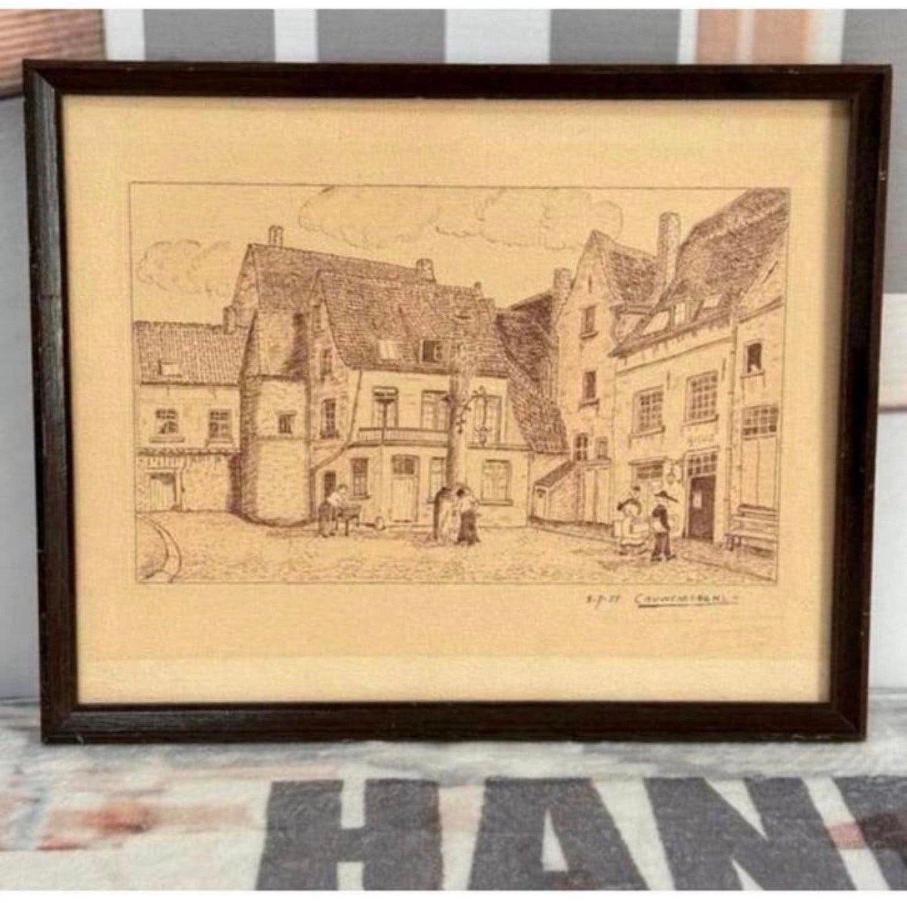 dessin de 1955 signé Cauwenberg HS.H sur la place du village, Antiquités & Art, Enlèvement ou Envoi, Signé