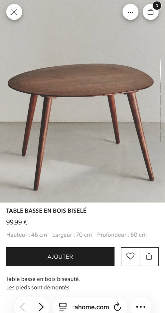 TABLE BASSE SALON NEUVE EN BOIS ZARAHOME FORME OVE 70x60xh46, Ophalen, 50 tot 100 cm, Nieuw, 50 tot 100 cm