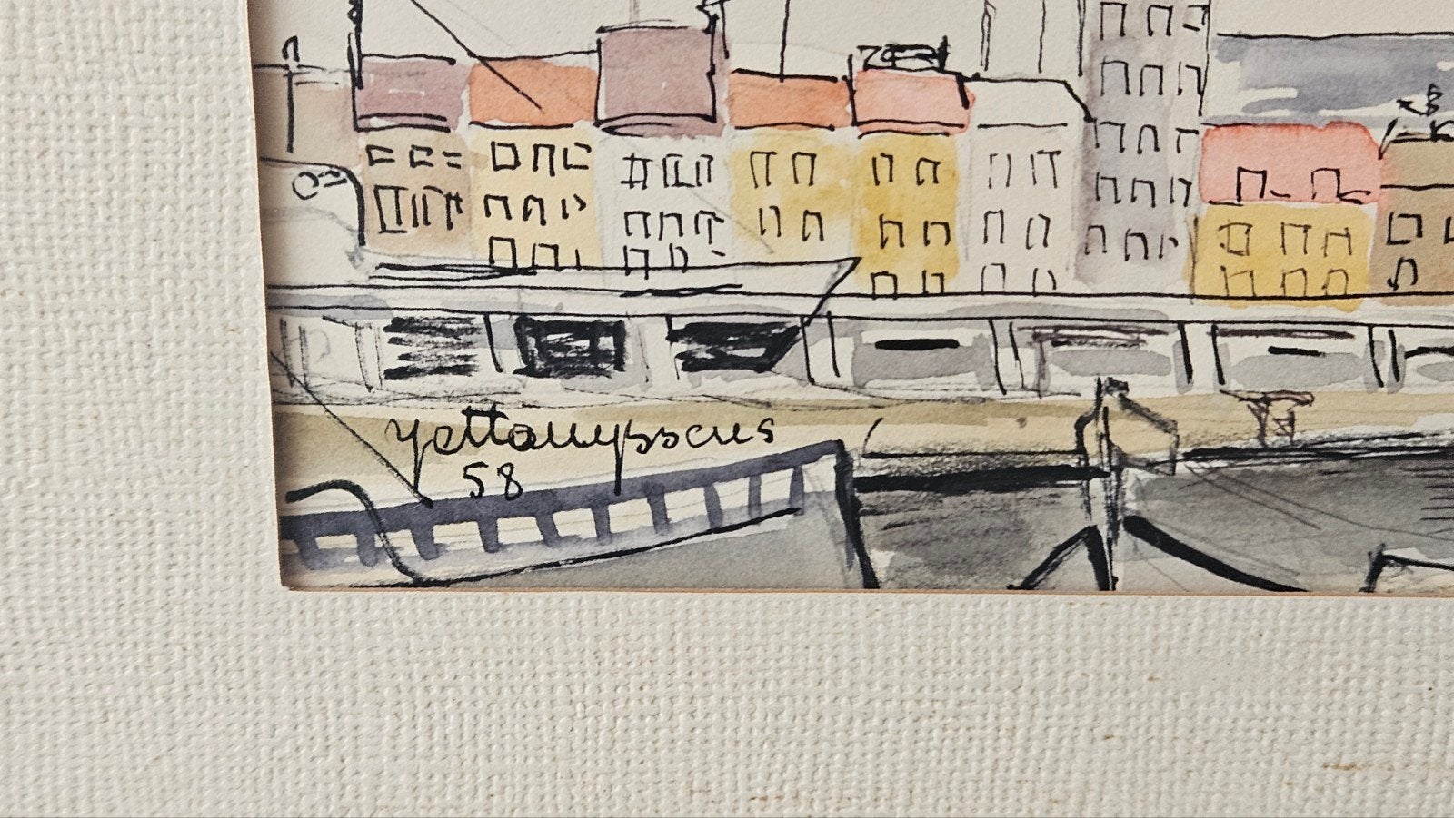 Kunstwerk Yetta Nyssens.Oostende Haven. 34 op 40 cm ingelijs, Ophalen of Verzenden, Tekening, Aquarel, Achter glas