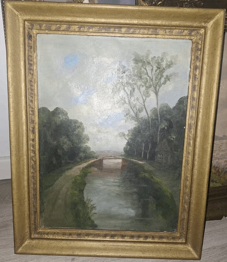 Klassiek landschapsschilderij met kanaal en brug, Doek, Ophalen of Verzenden, Gesigneerd, Landschap