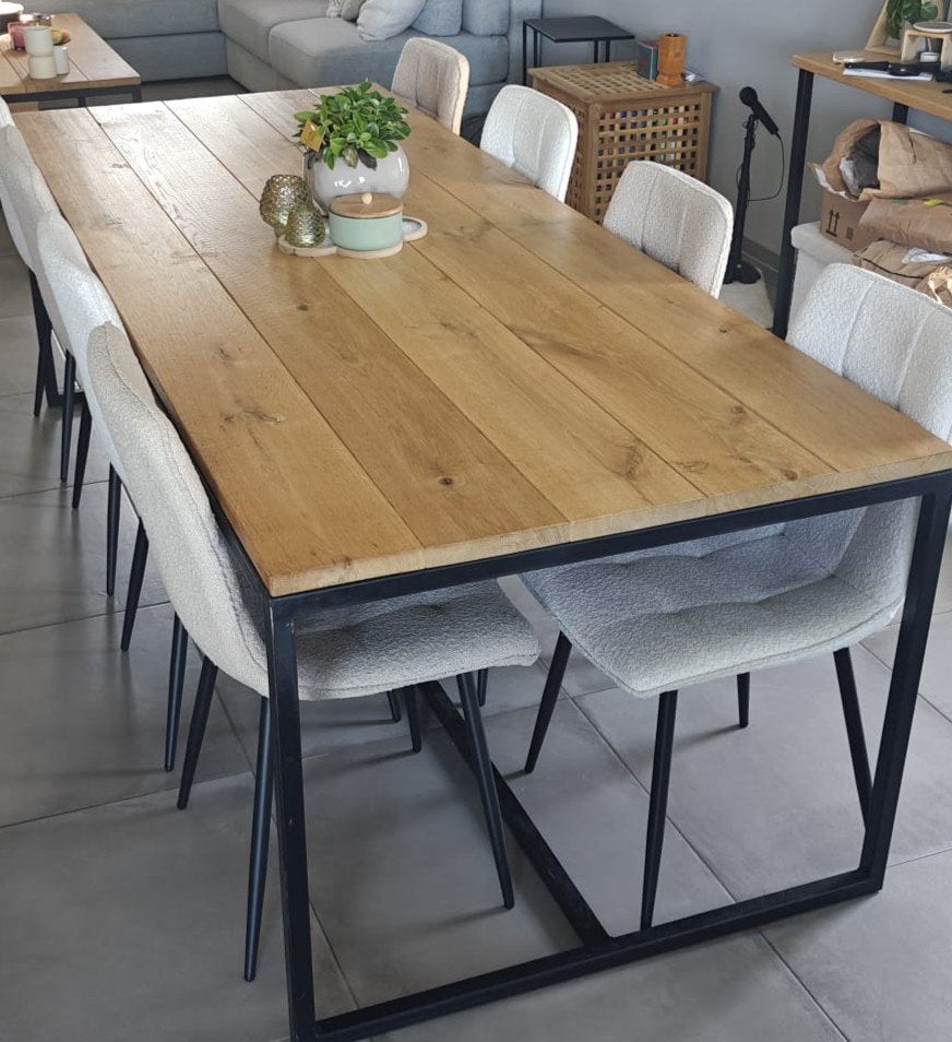 Prachtige industriële tafel met vol eiken planken 2m40, Huis en Inrichting, Ophalen, Eikenhout, 200 cm of meer, 50 tot 100 cm