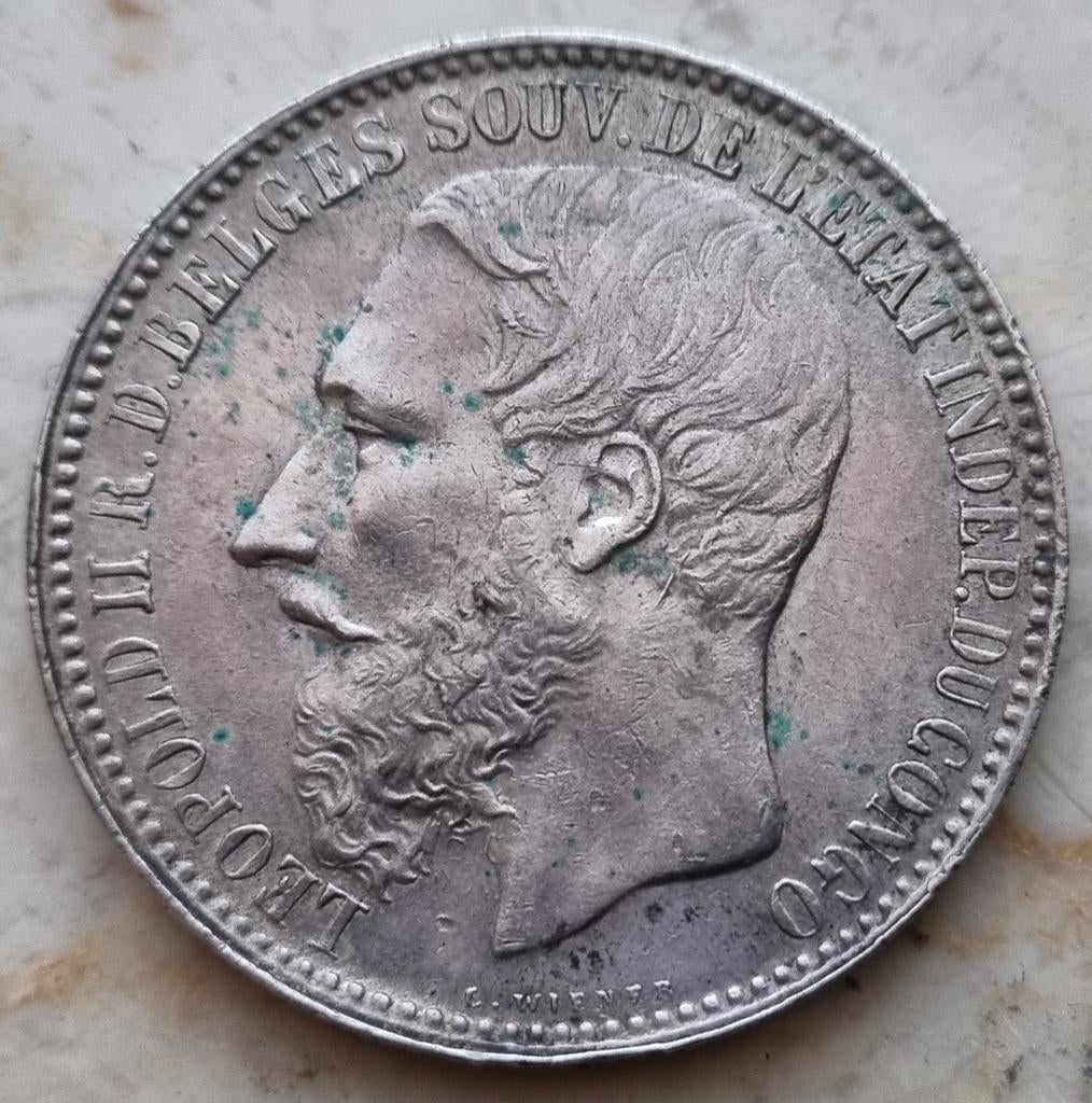 5 Francs 1894 Belgisch Congo / Leopold II, Enlèvement ou Envoi, Monnaie en vrac, Argent, Argent
