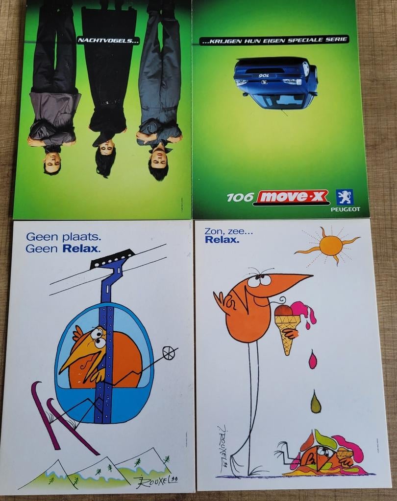 4 postkaarten/ reclamekaarten: Peugeot, Verzamelen, Postkaarten | Themakaarten, Ophalen of Verzenden, 1980 tot heden, Ongelopen