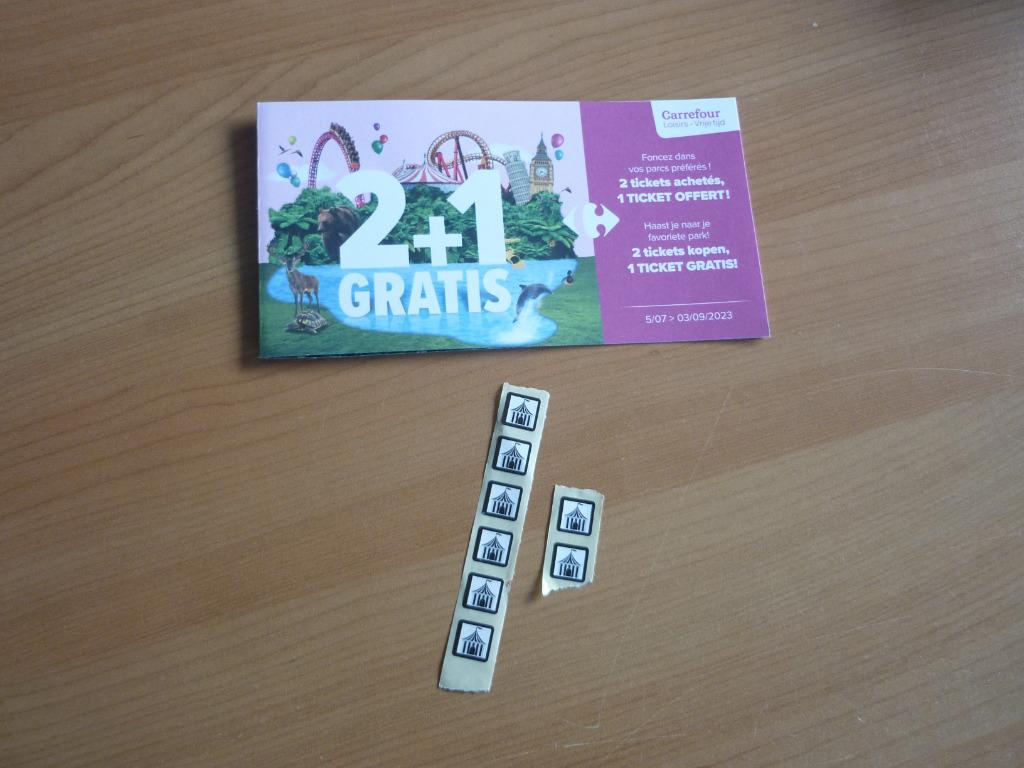 Gratis Verzamelsticker Carrefour 2+1 gratis tickets pretpark, Enlèvement ou Envoi