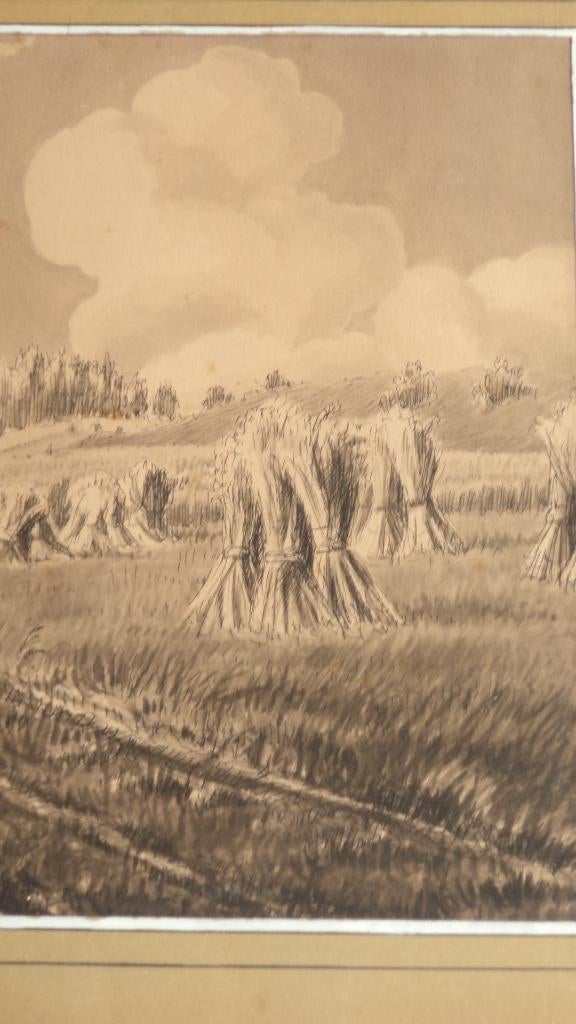 René PENNARTZ graanschoven pastel inkt & lavis, graanschoven, Antiek en Kunst, Kunst | Schilderijen | Klassiek, Ophalen of Verzenden