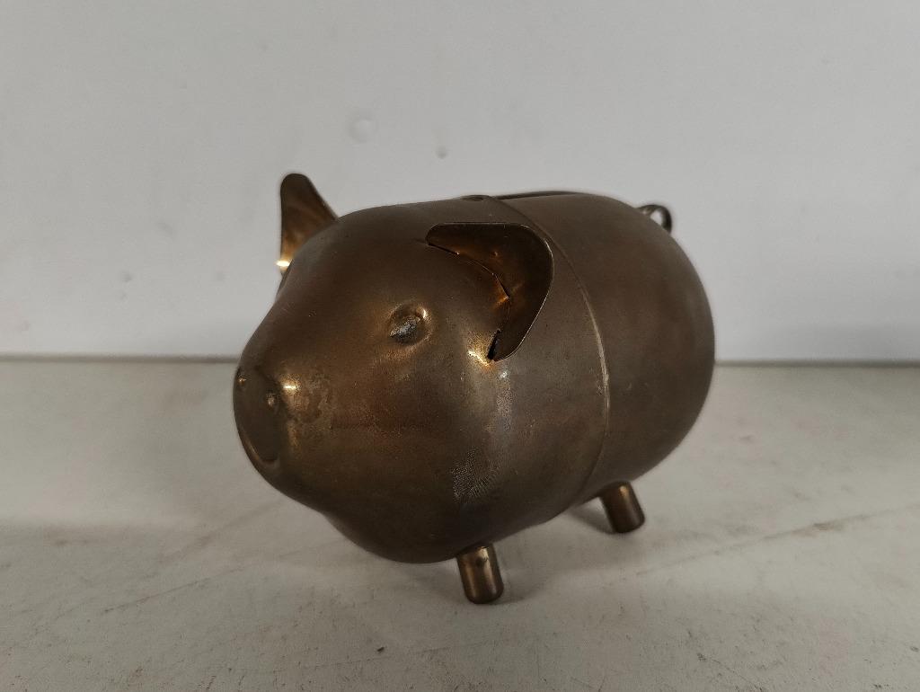 Vintage spaarpot in geel koper varken, Ophalen of Verzenden, Zo goed als nieuw
