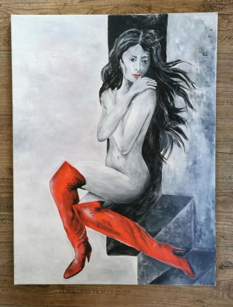 naaktschilderij : Red boots and nothing else, Antiek en Kunst, Ophalen of Verzenden