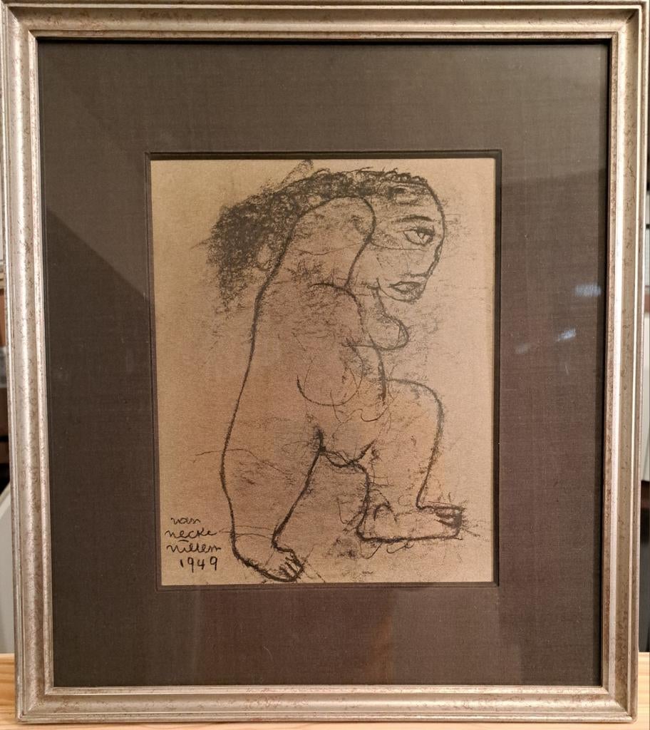 VAN HECKE Willem "Naakte vrouw " 1949 houtskooltekening, Antiek en Kunst, Ophalen of Verzenden