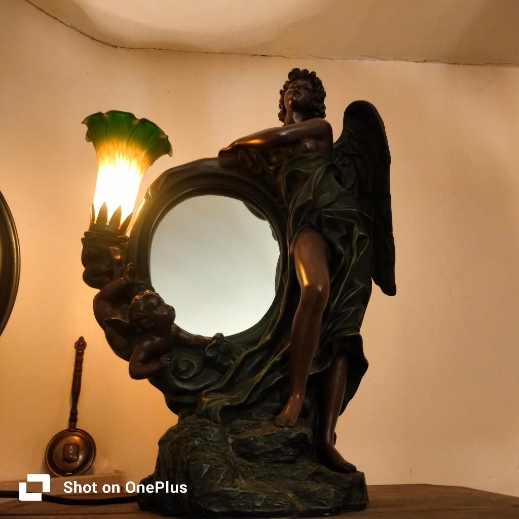 Antieke lamp met lotus bloem en spiegel, Antiek en Kunst, Ophalen