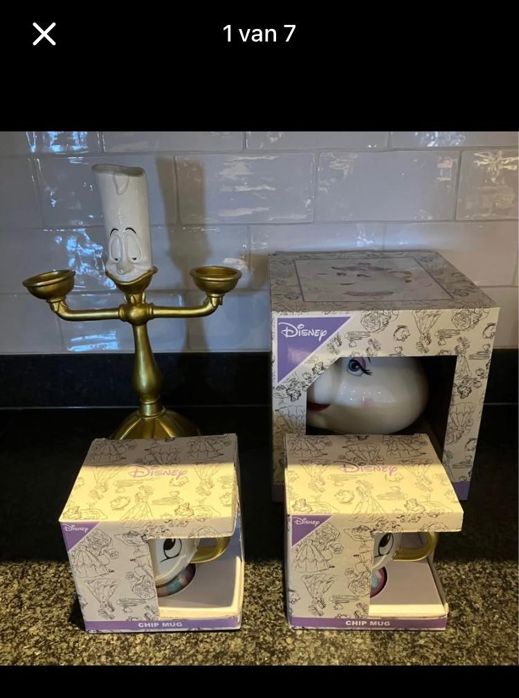 Disney set: theepot, 2 kopjes en kandelaar, Verzamelen, Disney, Ophalen, Zo goed als nieuw