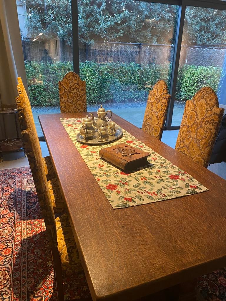 Eiken tafel met 8 stoelen, Ophalen, Gebruikt, Eikenhout, 200 cm of meer