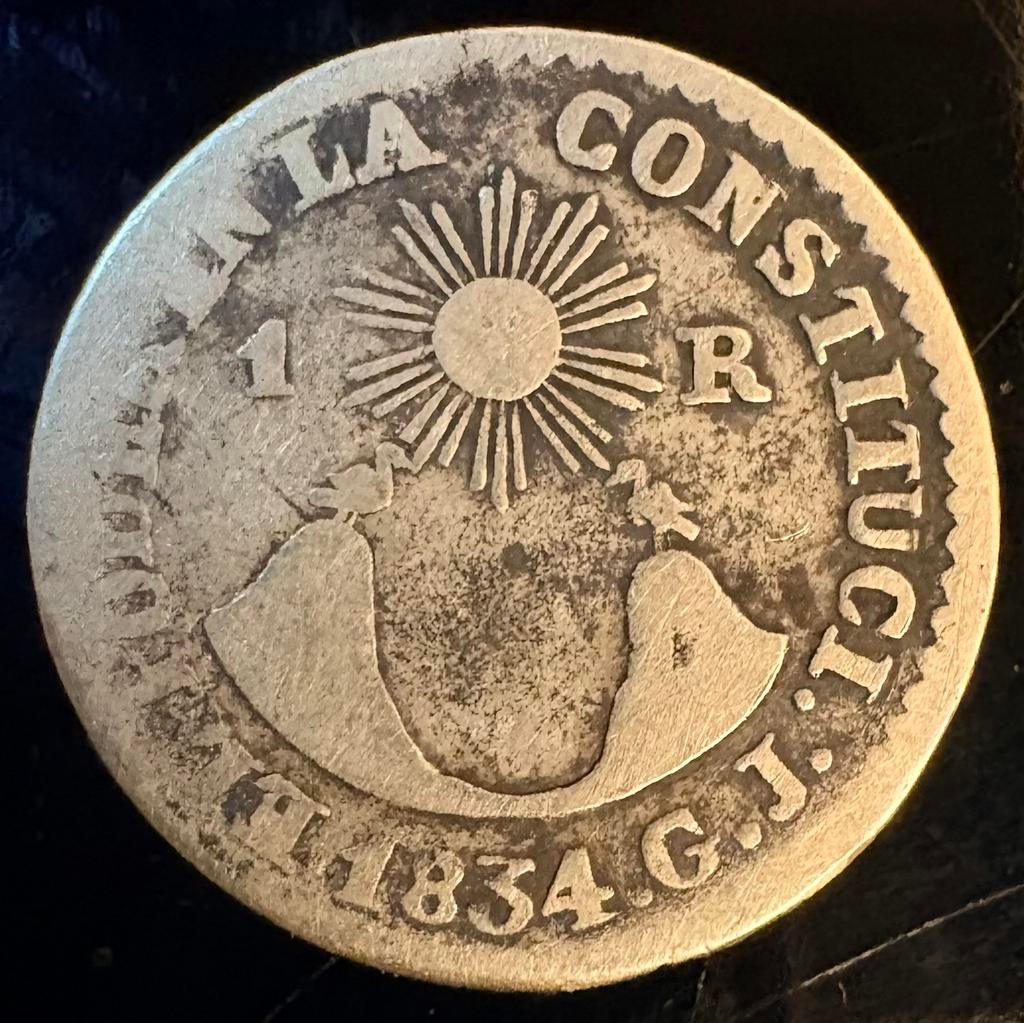 Zeldzame zilveren 1 real 1834.G.J. el Ecuador en Colombia, Zilver, Overige landen, Losse munt, Overige waardes