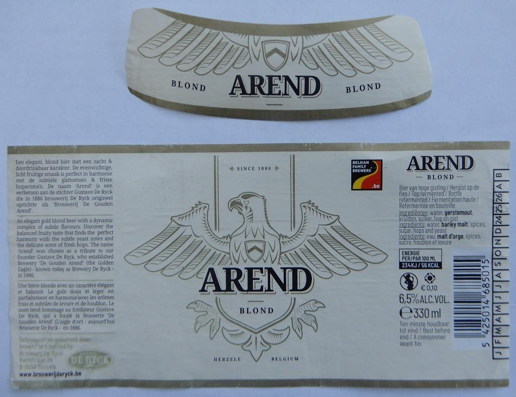 Bieretiket Arend Blond Brouwerij De Ryck (10q2), Verzenden, Gebruikt