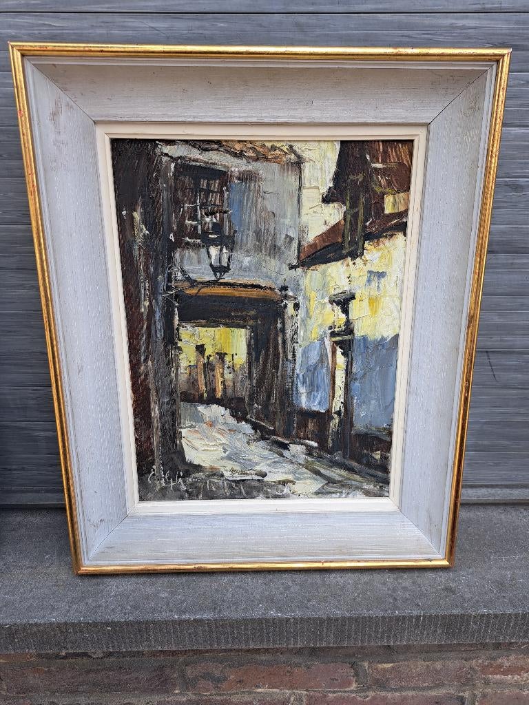 huile sur toile ruelle signe emile lammers, Antiek en Kunst, Ophalen of Verzenden