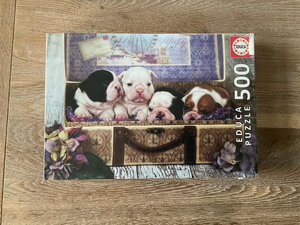 Puzzel Educa puppy’s in reiskoffer 500 stukjes, Ophalen of Verzenden, 500 t/m 1500 stukjes, Nieuw, Legpuzzel