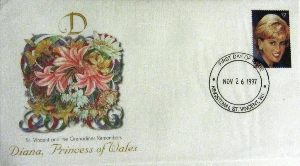 GROTE FDC- PRINSES DIANA MET POSTZEGEL ST. VINCENT, Ophalen of Verzenden, Gestempeld, Koningshuis