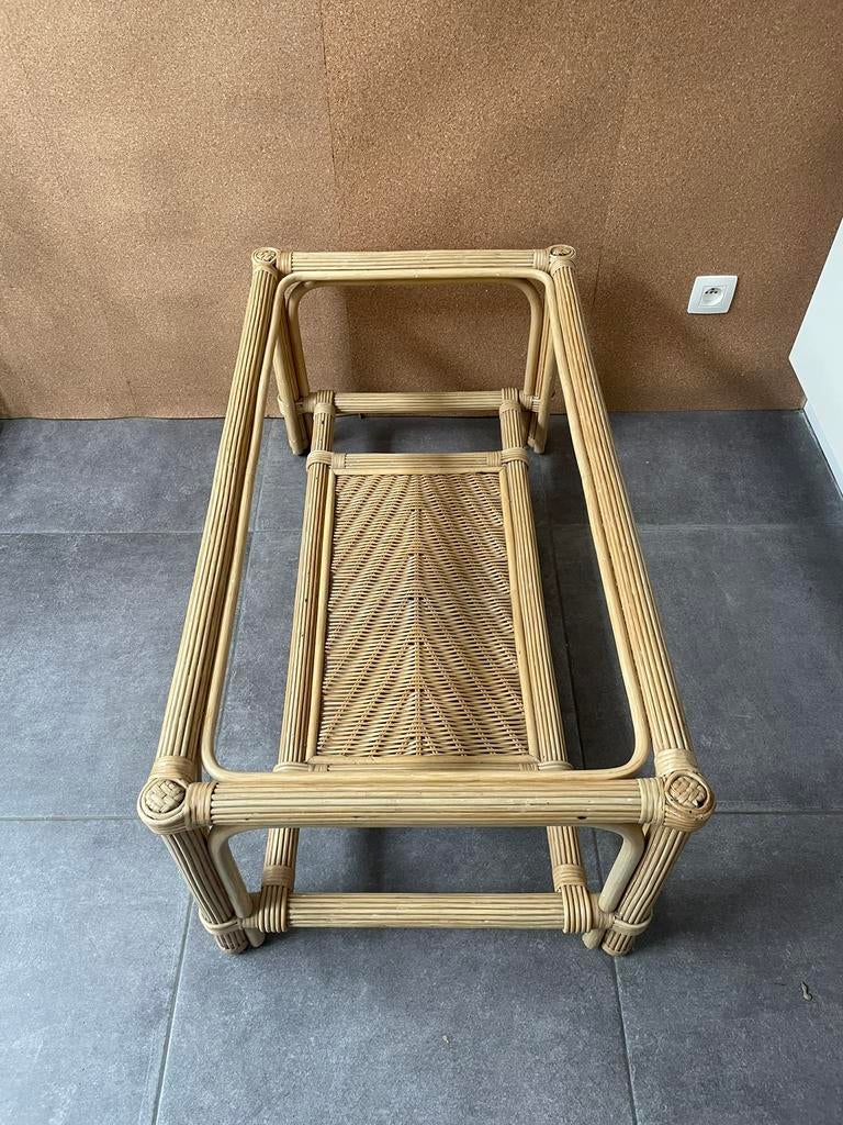Rotan salontafel met glazen blad, Huis en Inrichting, Tafels | Salontafels, Ophalen, Rechthoekig, Rotan