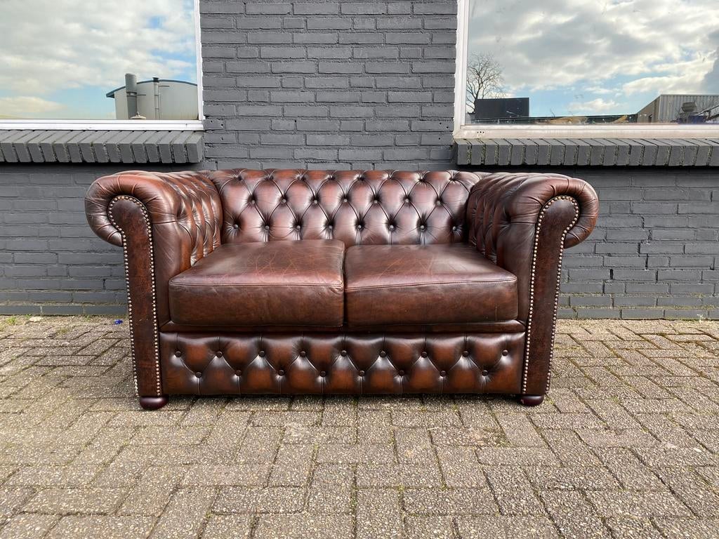 Klassieke Chesterfield zetel bruin gevlamd, Ophalen of Verzenden, Leer