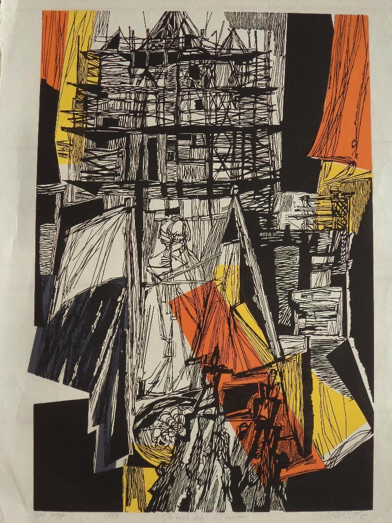 1958 Hans Orlowski DL. grote lino woodcut 'Gruss aus Gent', Ophalen of Verzenden