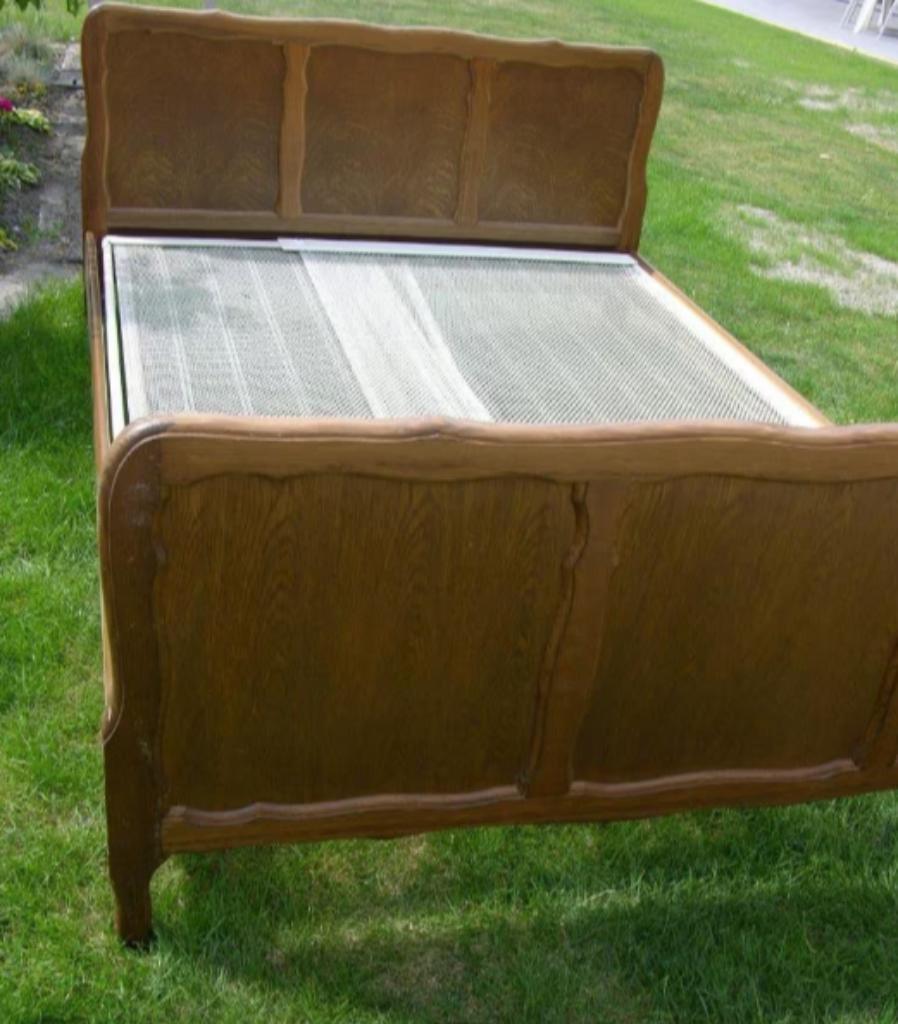 Vintage Bretoens eiken 2-persoonsbed met uitschuifbaar net, Huis en Inrichting, Gebruikt, Bruin, 210 cm, Tweepersoons