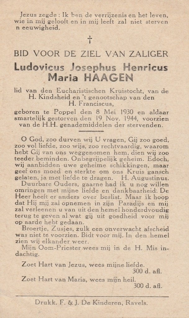 Oorlogsslachtoffer 40/45  Ludovicus Haagen, Collections, Images pieuses & Faire-part, Envoi