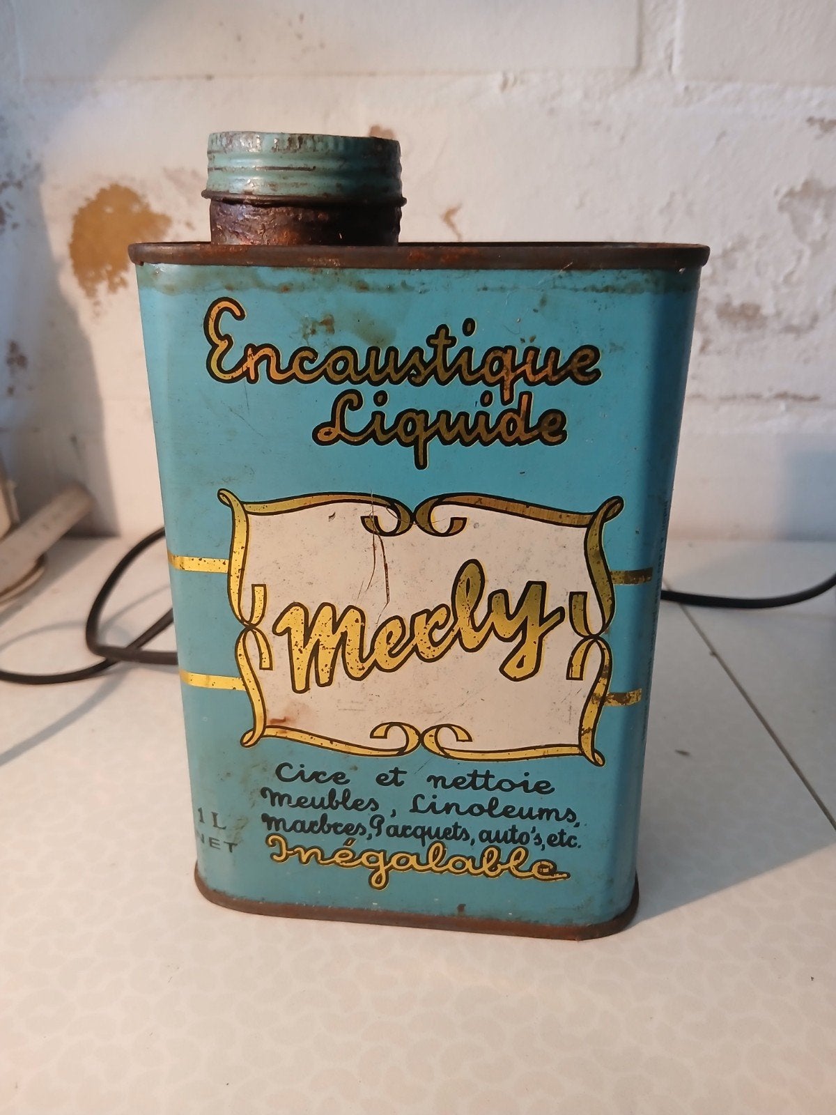 Oud blikken doos Merly vloeibare boenwas, Ophalen of Verzenden