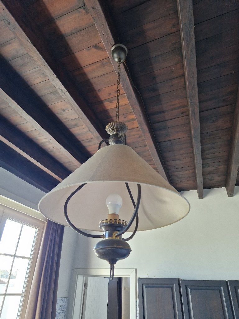 Stoffen hanglamp in metalen frame, Ophalen of Verzenden, Gebruikt, Kunststof, E27 (groot)