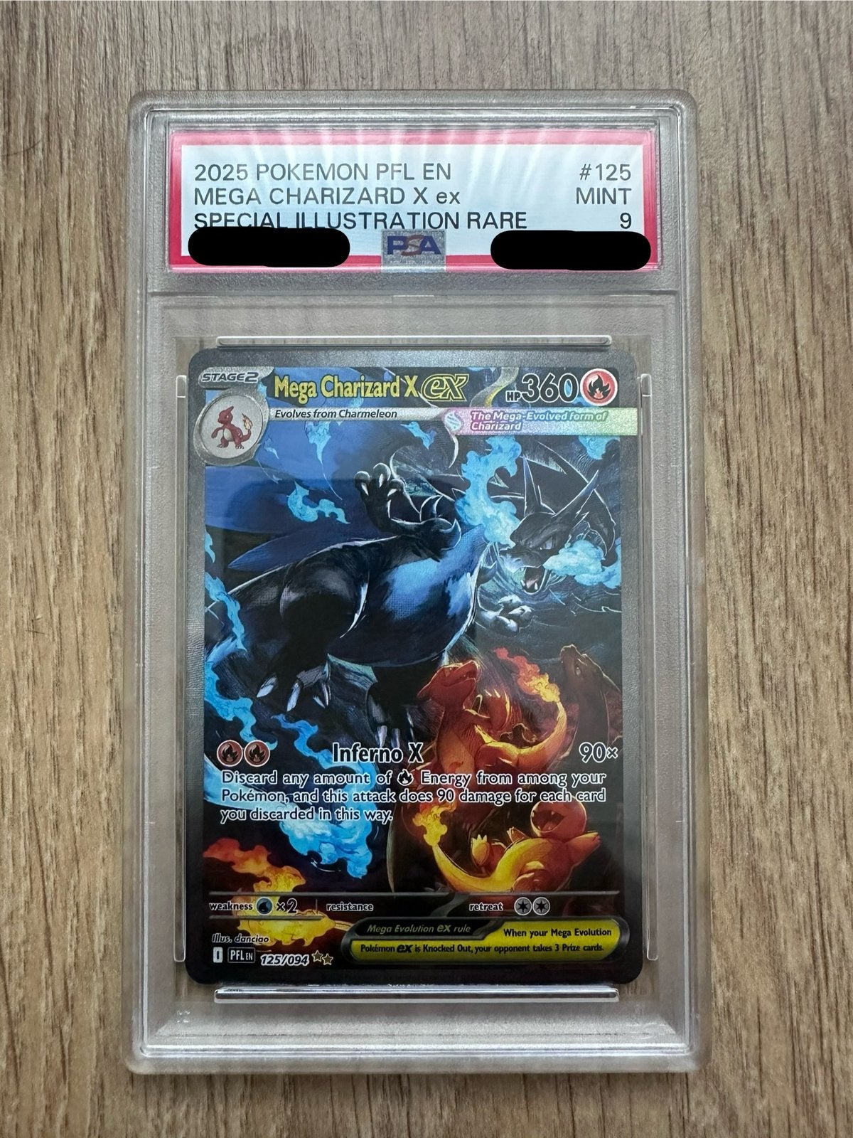 Mega charizard x ex - PFL 125 - psa 9, Ophalen, Nieuw, Losse kaart, Foil