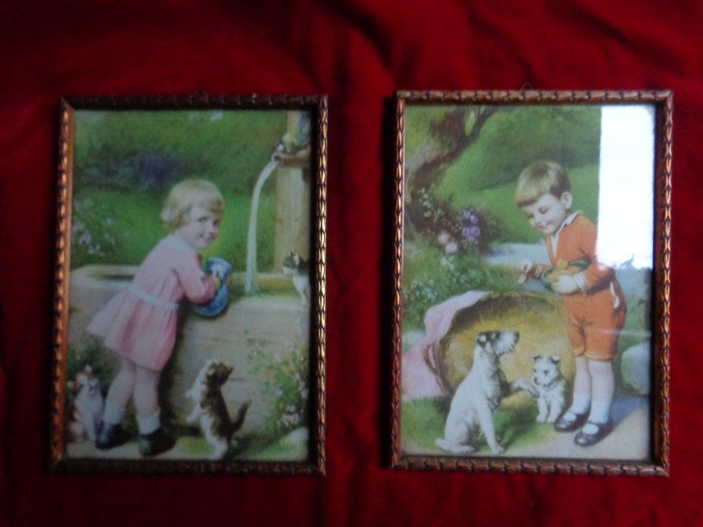 Set van 2 ingekaderde vintage prenten, Verzamelen, 1960 tot 1980, Gebruikt, Ophalen of Verzenden, Prent