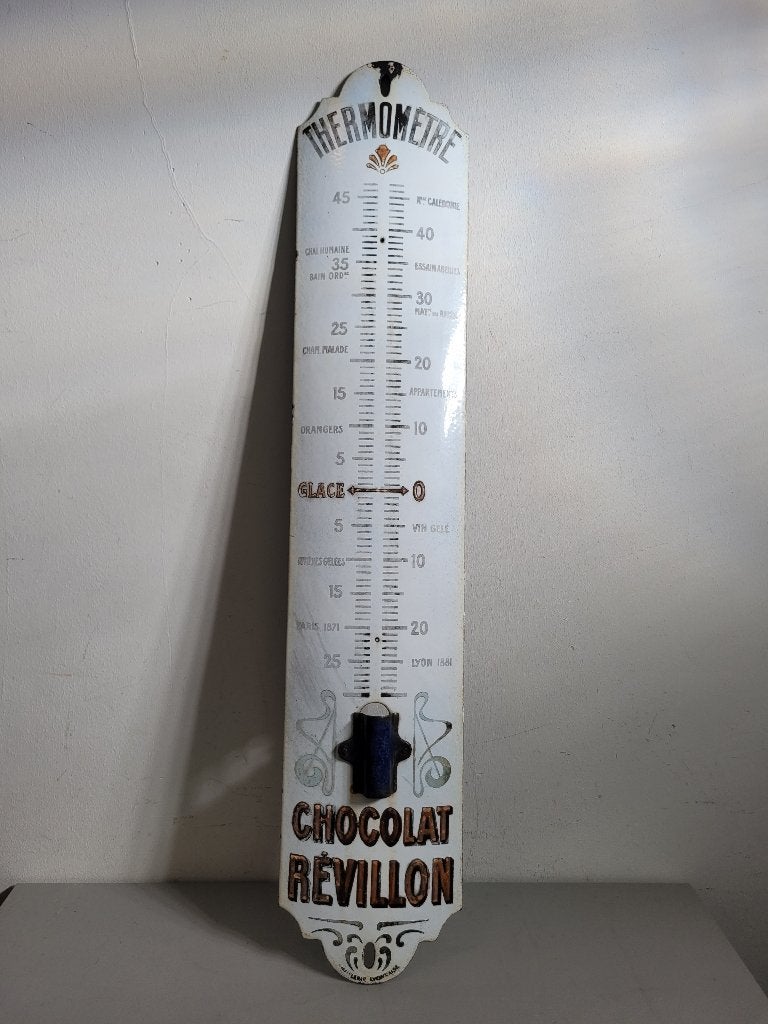 ancien thermomètre émaillé chocolat Révillon publicitaire, Enlèvement ou Envoi, Utilisé, Panneau publicitaire