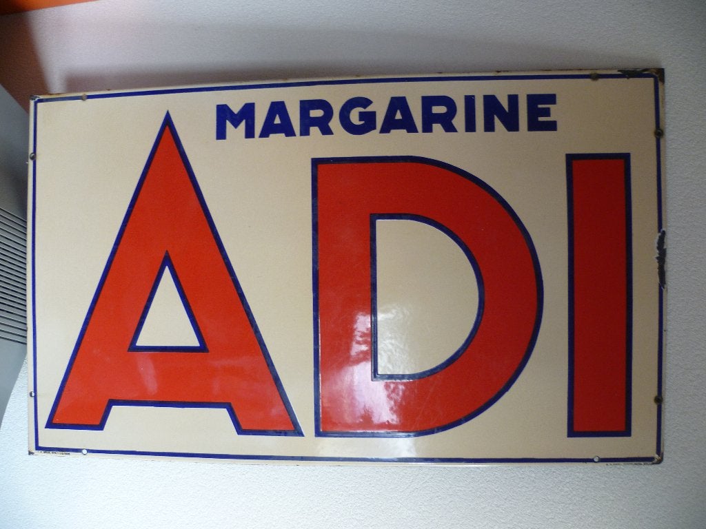 EMAILLE RECLAMEBORD"ADI MARGARINE"UIT 1936, Collections, Enlèvement ou Envoi, Utilisé, Panneau publicitaire