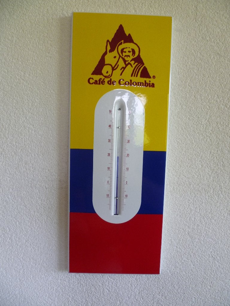 EMAILLE RECLAME THERMOMETER"CAFE DE COLOMBIA"UIT 1995, Verzamelen, Ophalen of Verzenden, Zo goed als nieuw, Reclamebord