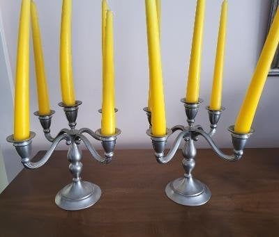 Set van 2 kandelaars 5 takken tin Royal Holland Kmd, Ophalen